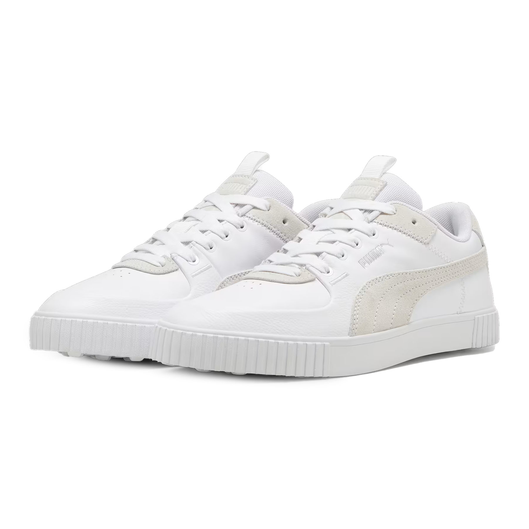 Puma Cali G Golf Shoes are white low-top sneakers featuring subtle suede accents and a clean, classic design. They have a textured outsole for traction and the Puma logo on the side.