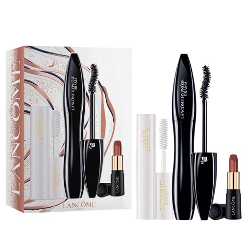 The 3pc Lancôme Hypnose Drama Gift Set includes Hypnose Drama Mascara in black, Cils Booster XL Lash Primer, and a mini L'Absolu Rouge Lipstick in a neutral shade, all housed in a decorative box.
