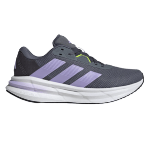 Adidas running shoe featuring a gray mesh upper with light purple stripes, a white Cloudfoam midsole, and a sturdy black outsole.