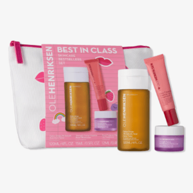 OLEHENRIKSEN \“Best in Class\“ skincare set includes three products: a cleanser (120ml/4fl.oz), serum (15ml/0.5fl.oz), and crème (12ml/0.4fl.oz), all housed in a white pouch with pink accents.