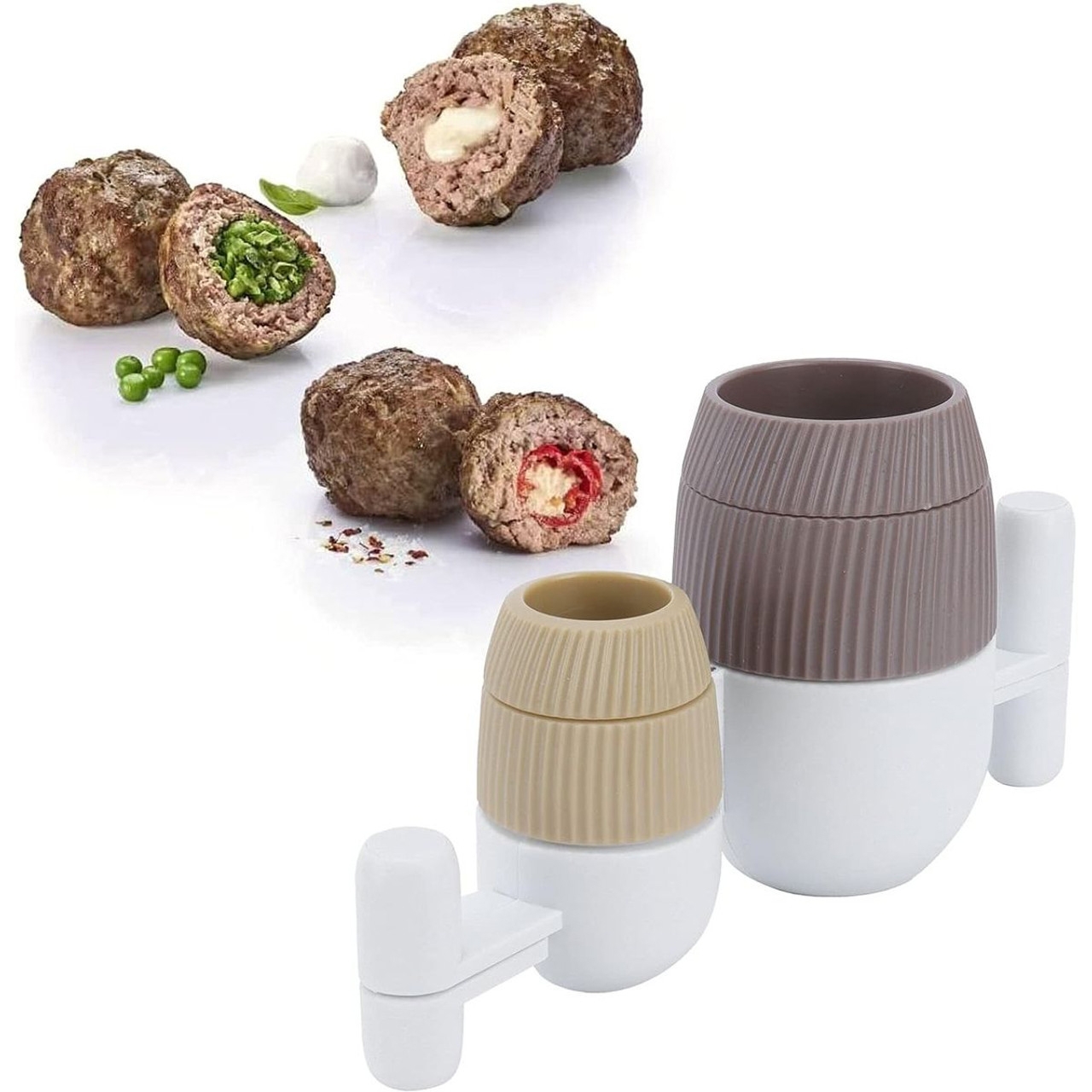 Stuffed meatballs with various fillings next to two meatball makers in brown and beige.