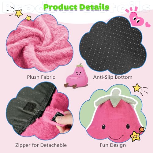 Plush pink mat with anti-slip bottom, detachable via zipper, featuring a fun character design.