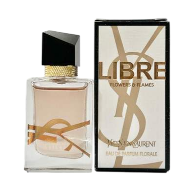 Yves Saint Laurent Libre Flowers & Flames Eau de Parfum Florale, featuring a rectangular bottle with a black cap, accompanied by a matching box.