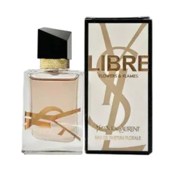 Yves Saint Laurent Libre Flowers & Flames Eau de Parfum Florale, featuring a rectangular bottle with a black cap, accompanied by a matching box.