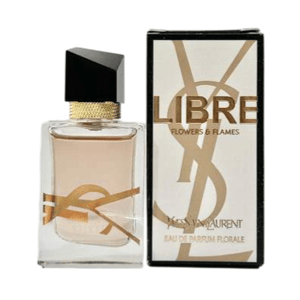 Yves Saint Laurent Libre Flowers & Flames Eau de Parfum Florale, featuring a rectangular bottle with a black cap, accompanied by a matching box.