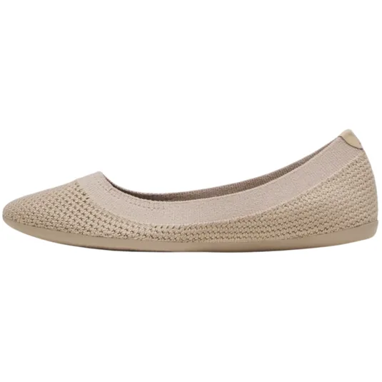 A beige knit ballet flat with a rounded toe and a low-profile rubber sole.