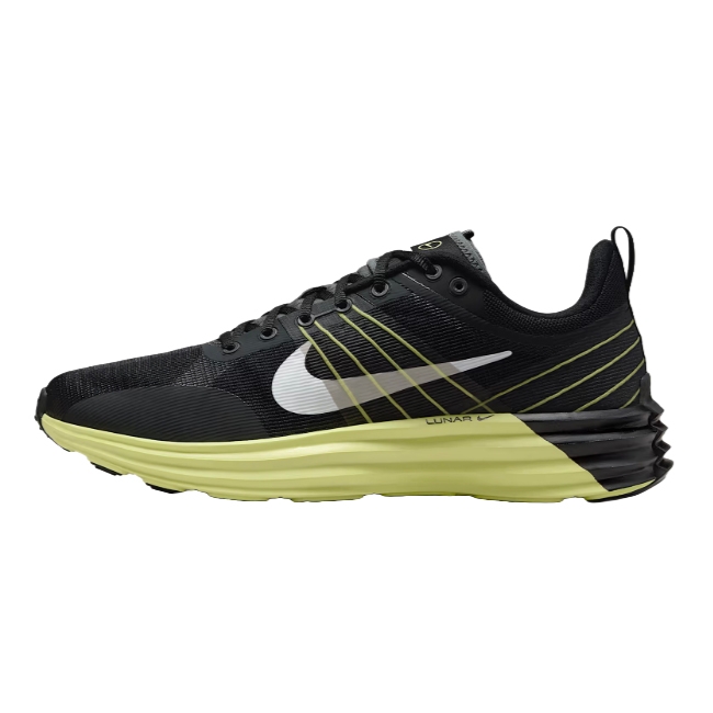 Black and green Nike running shoe with a white swoosh and \“Lunar\“ branding on the midsole.