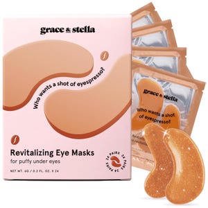 Grace & Stella Caffeine Eye Masks are revitalizing masks designed for puffiness under the eyes, packaged as 24 pairs. The box asks, \“Who wants a shot of eyespresso?\“