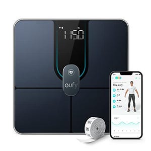 A sleek black Eufy Smart Scale with a digital display is shown alongside its smartphone app interface and a measuring tape.