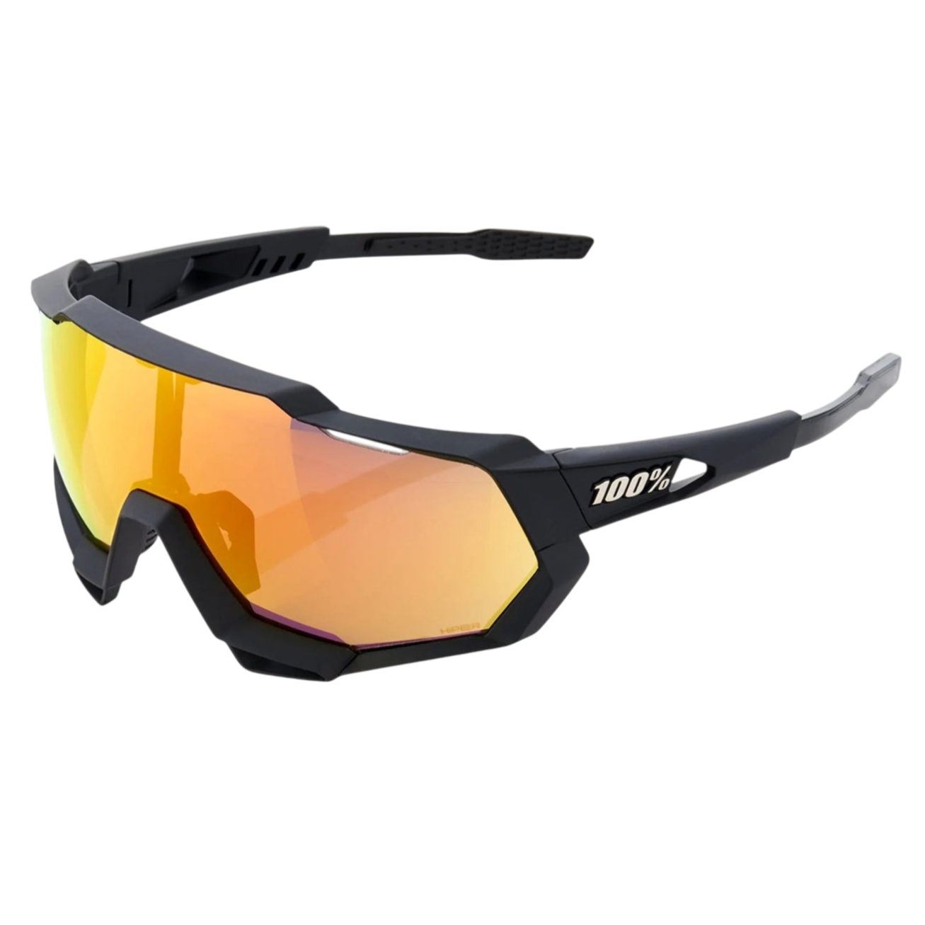 A pair of black sports sunglasses with a bold, angular design and orange reflective lenses, featuring the logo \“100%\“ on the side.