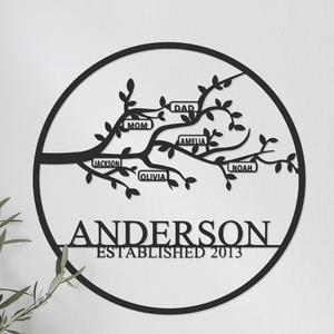 Family tree wall art with branches labeled \“Mom,\“ \“Dad,\“ \“Jackson,\“ \“Amelia,\“ \“Olivia,\“ and \“Noah.\“ The name \“Anderson\“ and \“Established 2013\“ are displayed below.
