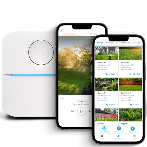 A white Rachio Smart Sprinkler Controller is shown next to a smartphone displaying its app interface with watering schedules.