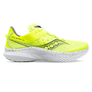 Bright yellow, low-top running shoe with breathable mesh upper, speckled midsole, black accents, and \“KINVARA 14\“ text near the heel.