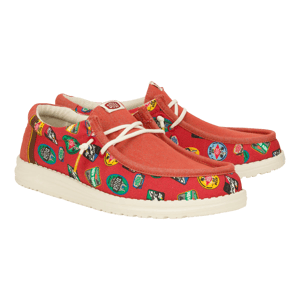 Hey Dude Wally Oktoberfest shoes feature a red canvas upper adorned with colorful beer logo graphics, white soles, and white laces.