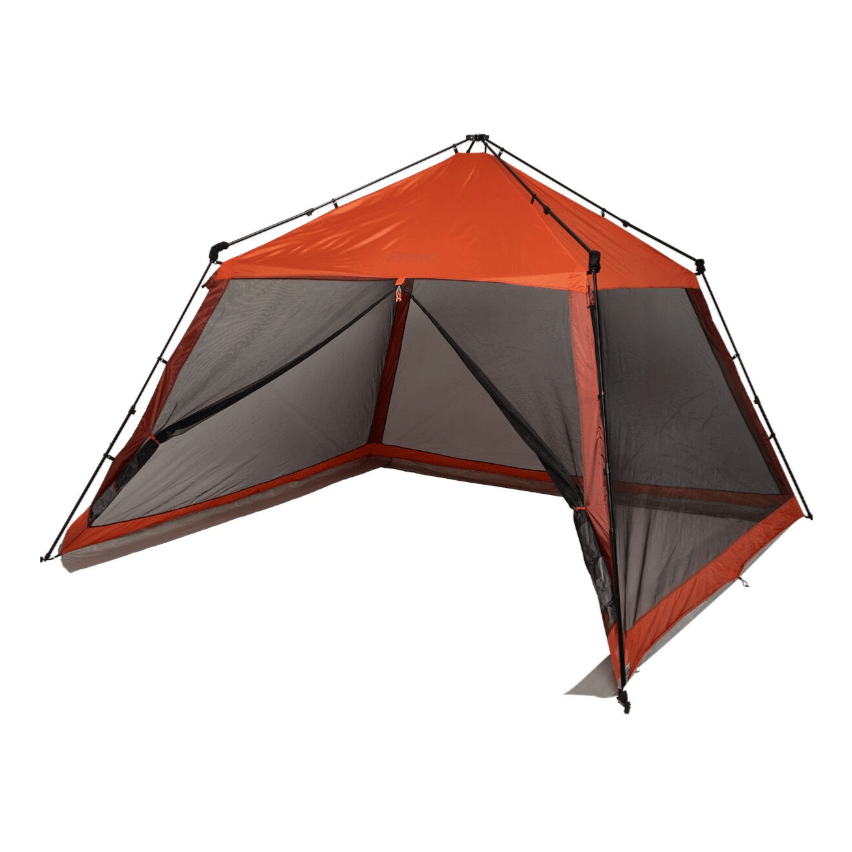 An orange and gray tent with mesh panels and a pyramid shape, designed for shelter and ventilation.