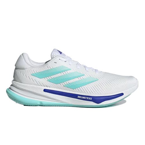 A white athletic shoe with light blue accents and three stripes on the side, featuring a purple highlight on the sole labeled \“Dreamstrike.\“