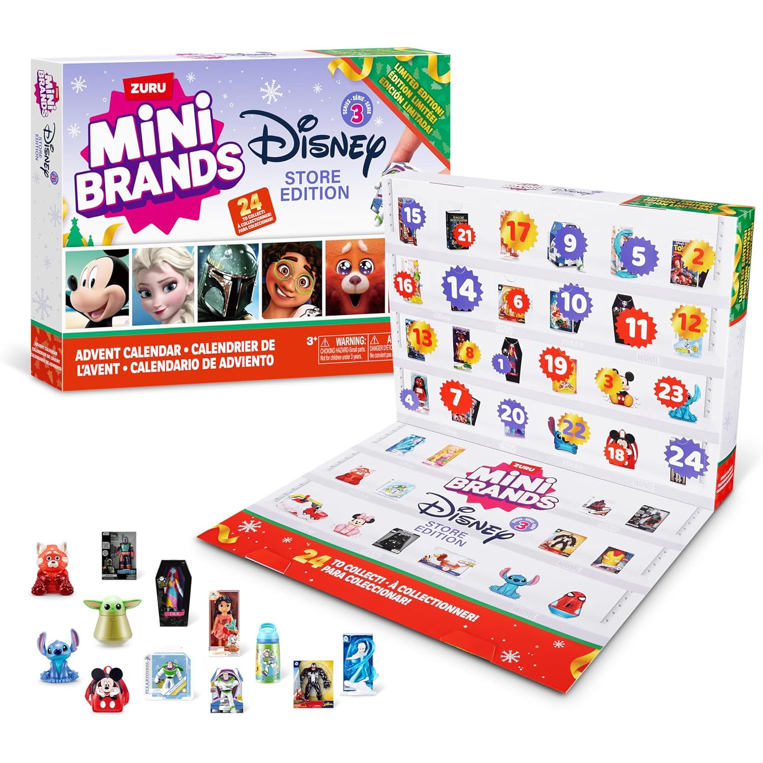The Disney Mini Brands Advent Calendar features 24 mini collectible items, including characters like Stitch, Elsa, and Mickey Mouse. It’s a festive box with numbered doors for each day leading up to Christmas, showcasing a variety of Disney-themed miniatures.