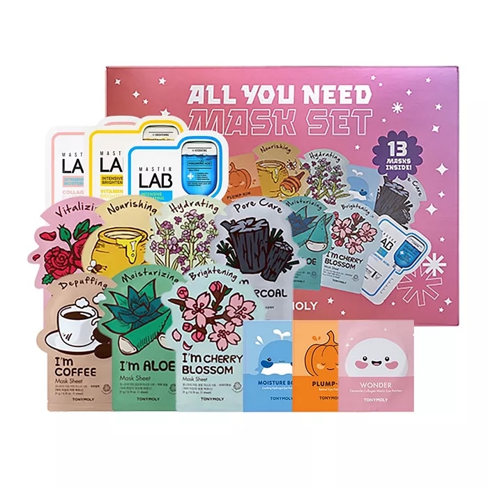 The Tonymoly All You Need Mask Set includes 13 face masks in assorted themes like nourishing, hydrating, pore care, depuffing, and more, with fun designs such as I'm Coffee, I'm Aloe, and I'm Cherry Blossom.