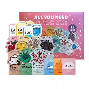 The Tonymoly All You Need Mask Set includes 13 face masks in assorted themes like nourishing, hydrating, pore care, depuffing, and more, with fun designs such as I'm Coffee, I'm Aloe, and I'm Cherry Blossom.