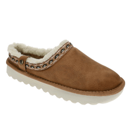 Brown slip-on slippers with a plush, cozy lining and patterned trim around the opening, featuring a thick, wavy white sole for comfort and grip.