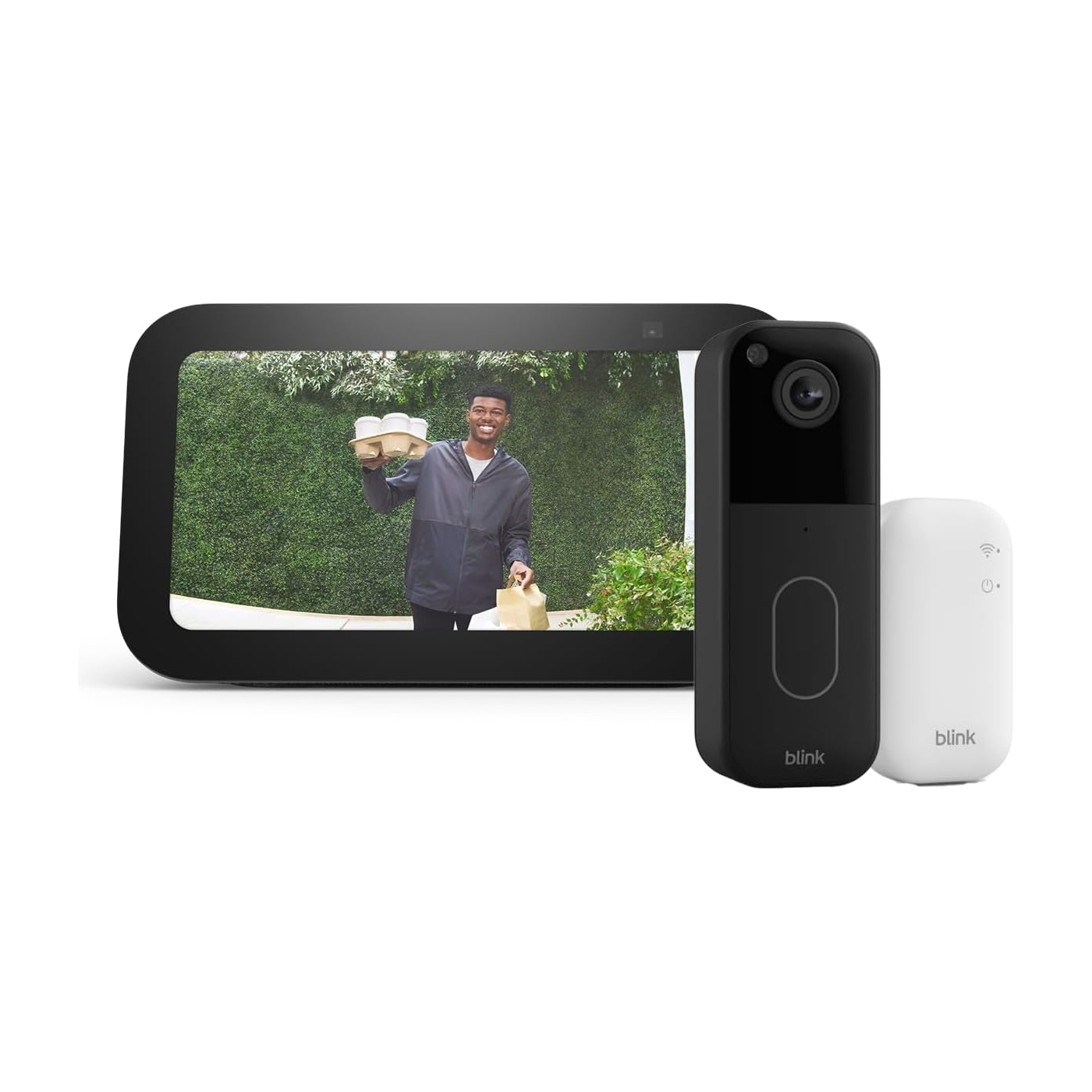 Smart display with a screen showing a person holding parcels, accompanied by a Blink video doorbell and a Wi-Fi module.