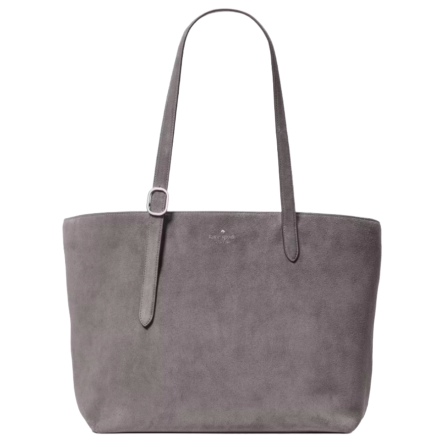 Gray suede tote bag with long shoulder straps and a subtle logo on the front.