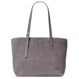 Gray suede tote bag with long shoulder straps and a subtle logo on the front.