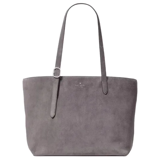 Gray suede tote bag with long shoulder straps and a subtle logo on the front.