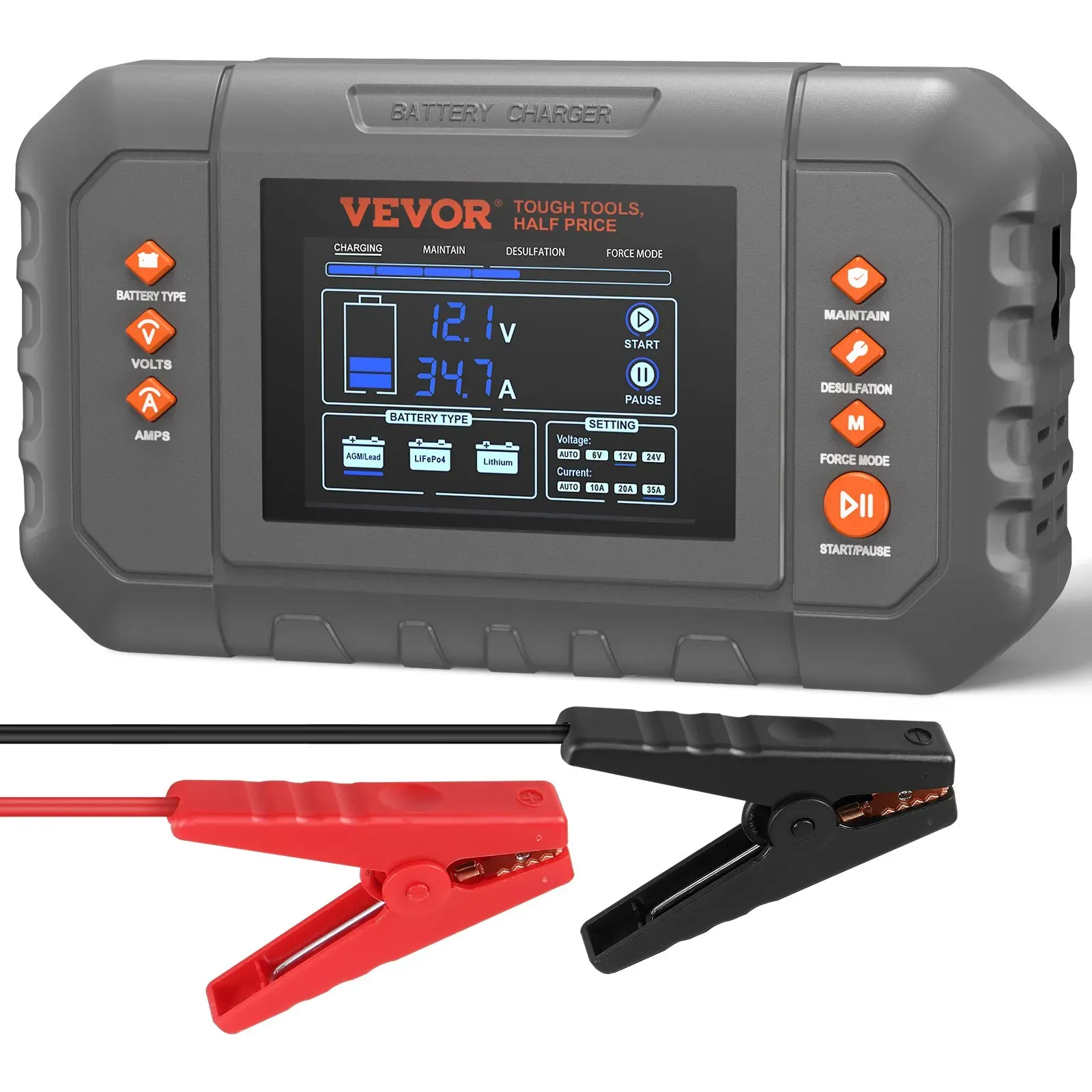 A VEVOR battery charger with a digital display showing voltage and amperage, alongside red and black alligator clips.