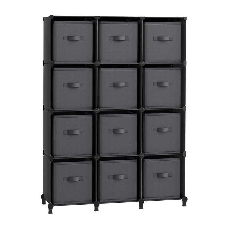 A black storage unit with 12 cube compartments, each containing a gray fabric drawer with a handle.