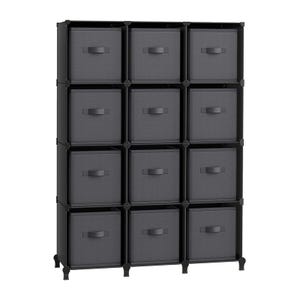 A black storage unit with 12 cube compartments, each containing a gray fabric drawer with a handle.