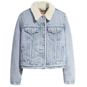 Light blue denim jacket with a white sherpa collar and button closure, featuring two chest pockets with flaps.