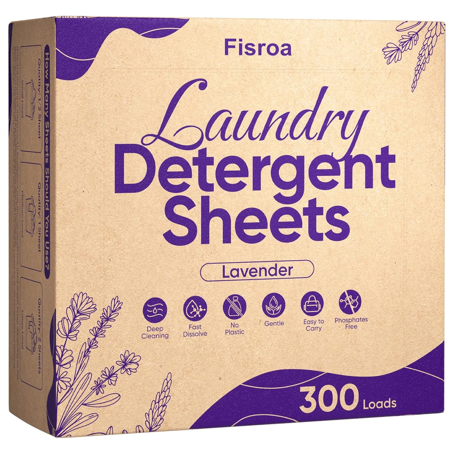 Fisroa Laundry Detergent Sheets are lavender-scented, eco-friendly, and plastic-free, offering deep cleaning and fast dissolving. The box contains 300 loads and highlights gentle use and easy portability, free from phosphates.