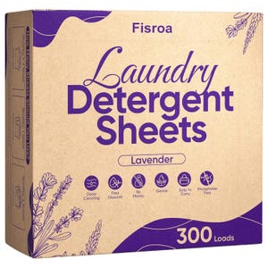 Fisroa Laundry Detergent Sheets are lavender-scented, eco-friendly, and plastic-free, offering deep cleaning and fast dissolving. The box contains 300 loads and highlights gentle use and easy portability, free from phosphates.