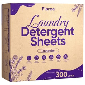 Fisroa Laundry Detergent Sheets are lavender-scented, eco-friendly, and plastic-free, offering deep cleaning and fast dissolving. The box contains 300 loads and highlights gentle use and easy portability, free from phosphates.