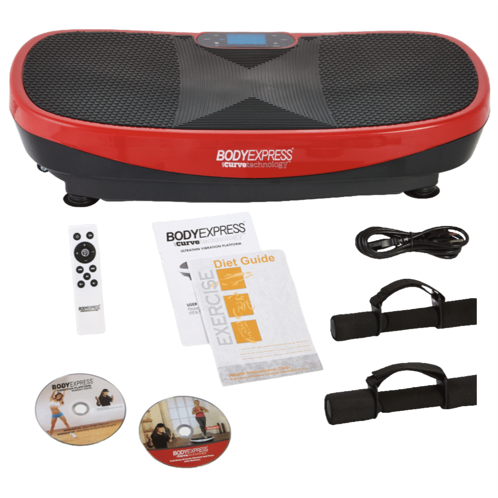 Red and black Body Express vibration platform with remote control, resistance bands, power cord, exercise and diet guides, and two workout DVDs.