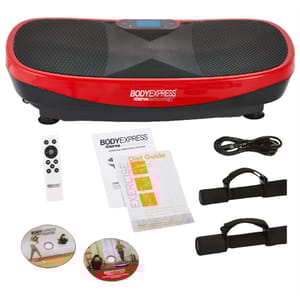 Red and black Body Express vibration platform with remote control, resistance bands, power cord, exercise and diet guides, and two workout DVDs.