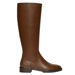 Brown knee-high leather boots with a sleek design, featuring a low heel and simple stitching details for an elegant look.
