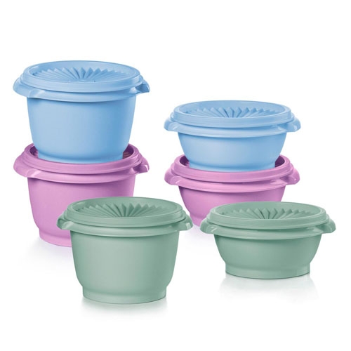 The 12pc Tupperware Mini Storage Bowl Set includes small bowls in blue, lavender, and mint green, each with matching lids, designed for compact storage and easy stacking.