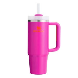 Pink insulated tumbler with a handle and a straw lid, featuring a logo on the side.