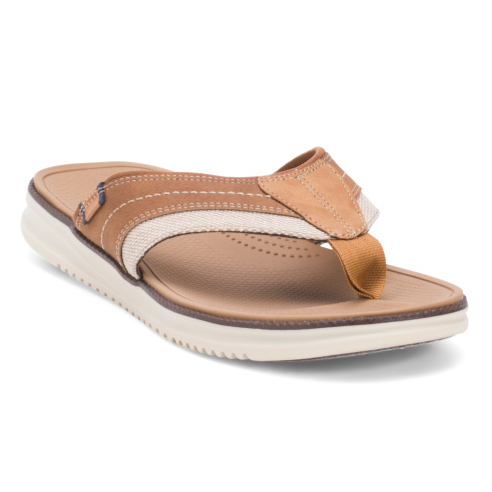 A brown and beige thong-style sandal with a cushioned sole and textured strap for casual wear.