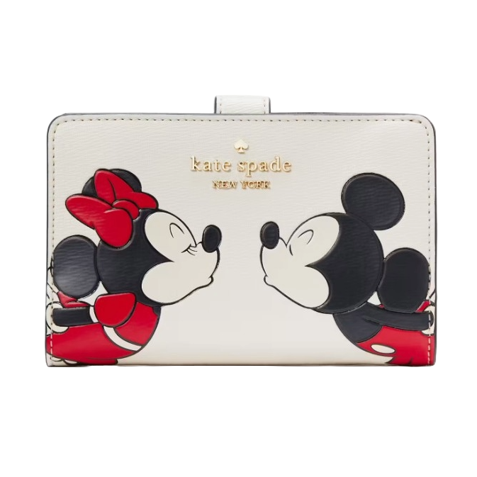 A Kate Spade New York wallet featuring a design of two cartoon mice facing each other, with one wearing a red bow.