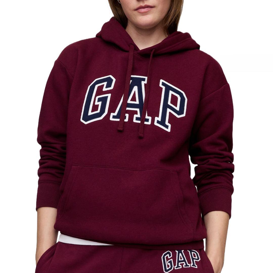 Maroon hooded sweatshirt featuring \“GAP\“ in large, bold white letters with navy blue outlines on the chest, complete with a kangaroo pocket and matching maroon drawstrings.