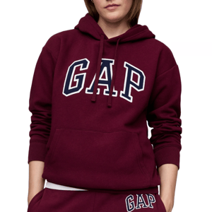 Maroon hooded sweatshirt featuring \“GAP\“ in large, bold white letters with navy blue outlines on the chest, complete with a kangaroo pocket and matching maroon drawstrings.
