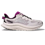 A white and purple Hoka running shoe with a thick, cushioned sole and perforated mesh upper for breathability.