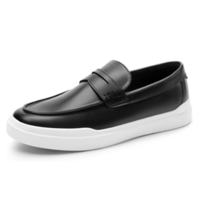 Men's slip-on dress shoes featuring a sleek black leather upper with a penny loafer design and a contrasting white rubber sole, combining a classic style with a modern touch.