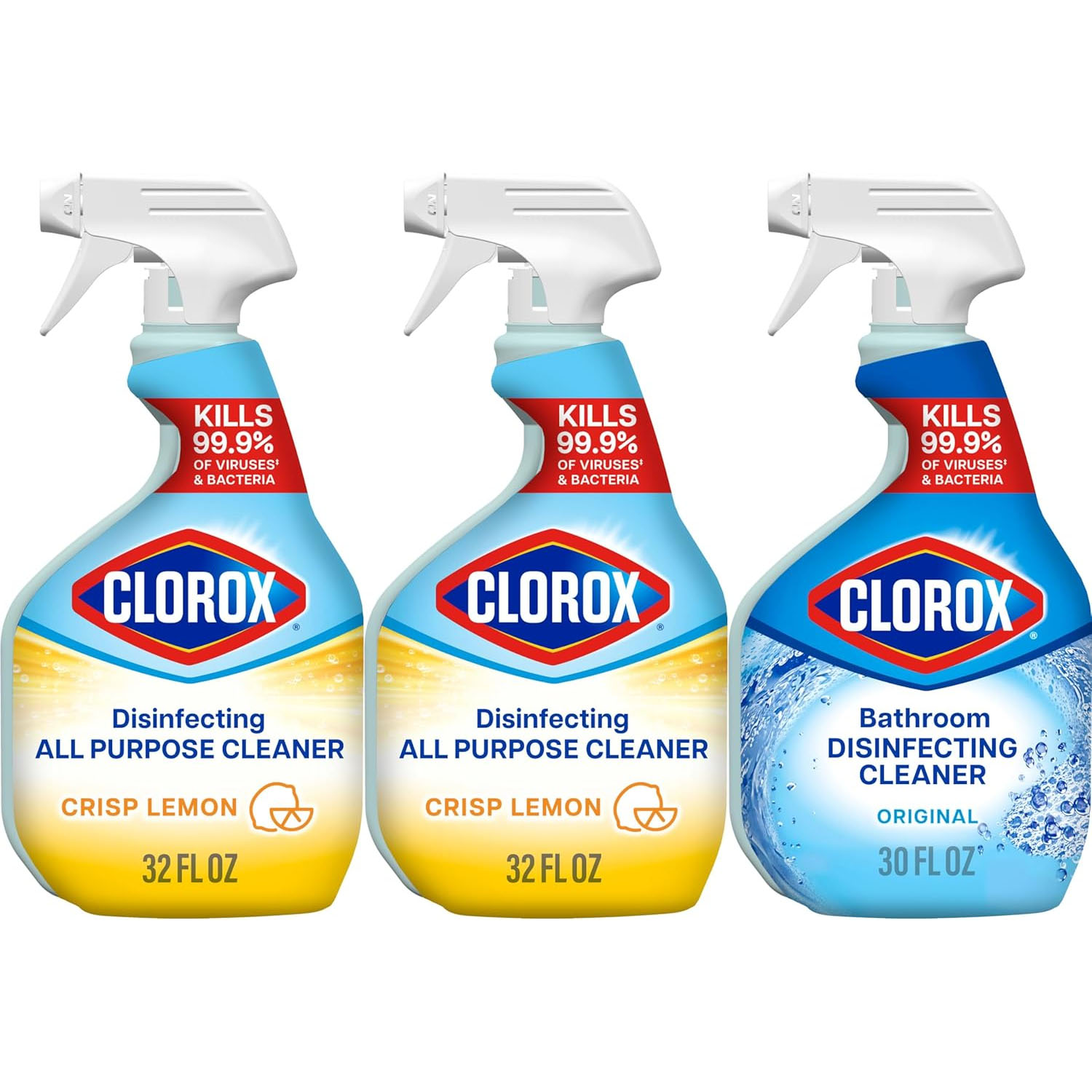 Clorox Disinfecting All Purpose Cleaner Crisp Lemon, 32 fl oz (2 bottles), and Clorox Bathroom Disinfecting Cleaner Original, 30 fl oz (1 bottle), kill 99.9% of viruses and bacteria.