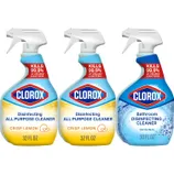 Clorox Disinfecting All Purpose Cleaner Crisp Lemon, 32 fl oz (2 bottles), and Clorox Bathroom Disinfecting Cleaner Original, 30 fl oz (1 bottle), kill 99.9% of viruses and bacteria.
