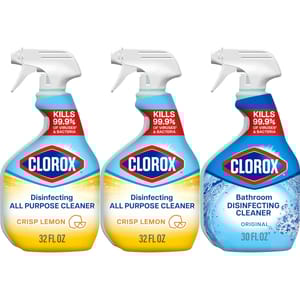Clorox Disinfecting All Purpose Cleaner Crisp Lemon, 32 fl oz (2 bottles), and Clorox Bathroom Disinfecting Cleaner Original, 30 fl oz (1 bottle), kill 99.9% of viruses and bacteria.