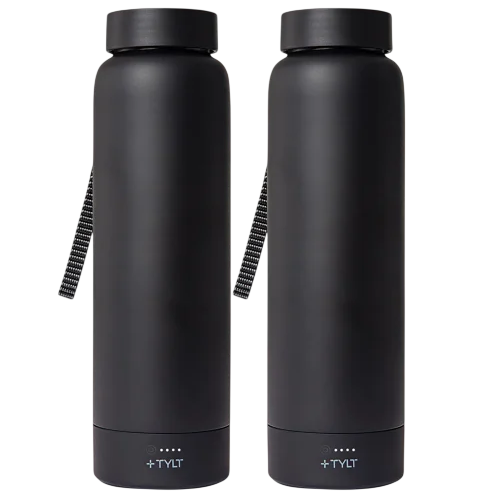 Two black insulated water bottles with detachable lids and a textured grip strap. Each bottle features a small display and the brand name \“TYLT\“ near the base.